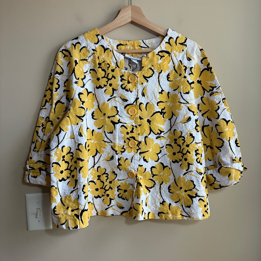 Dressbarn Woman Floral Matelasse Jacket 18W Yellow White Women Cotton Cropped